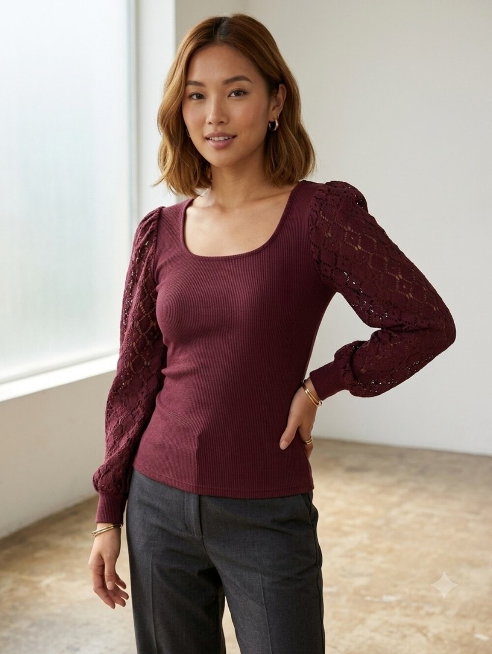 Women's Burgundy Crochet-Sleeve Ribbed Long-Sleeve Top